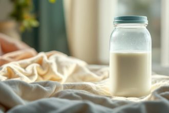 Biberon de lait en poudre bio pour nouveau-né sur une table en bois