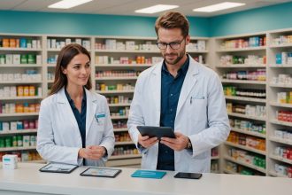 Pharmacien conseillant sur le choix de compléments alimentaires