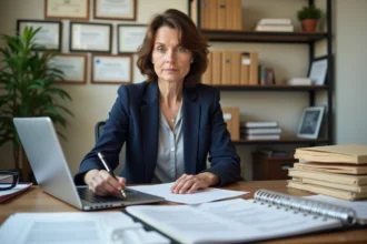 Administratrice hospitalière analysant des documents juridiques liés à la loi Rist et au droit du travail hospitalier