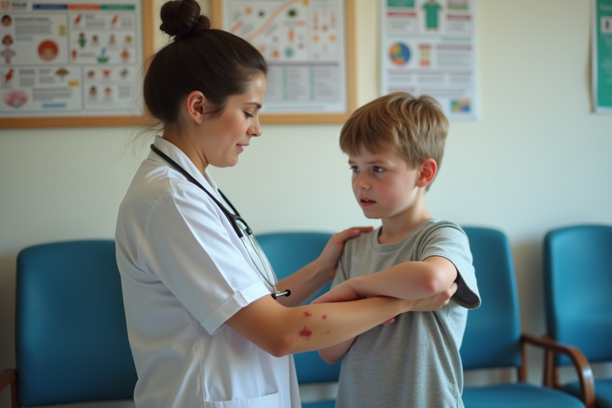 Adolescent montrant une lésion cutanée à un professionnel