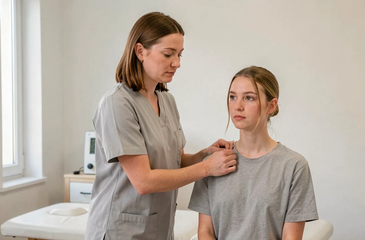 Agathe Monnet ostéopathe à Évry-Courcouronnes traitant l'épaule d'une patiente assise