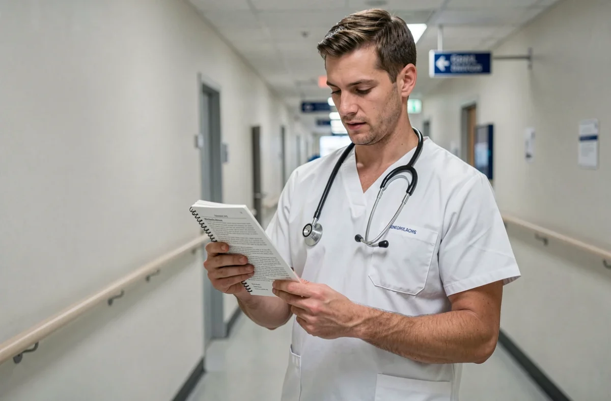 Aide-soignant consultant un guide de terminologie médicale dans un couloir d'hôpital