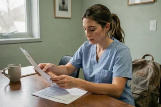 Aide-soignante étudiant le vocabulaire médical sur une fiche annotée dans une salle de pause d'hôpital