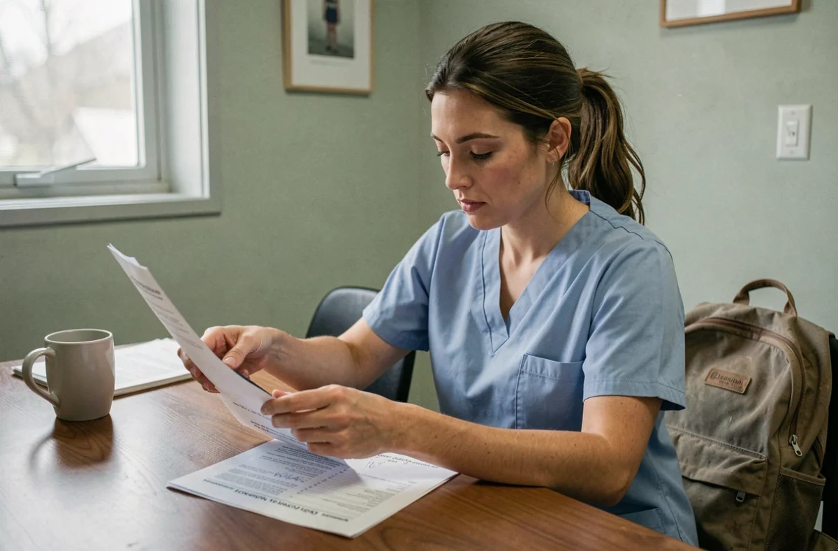 Aide-soignante étudiant le vocabulaire médical sur une fiche annotée dans une salle de pause d'hôpital