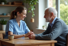 Comment Philia ADMR améliore la prise en charge des patients Aide-soignante aidant un senior dans une maison chaleureuse