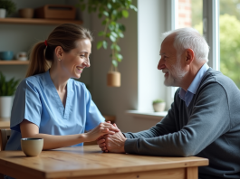 Aide-soignante aidant un senior dans une maison chaleureuse