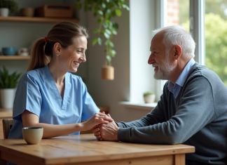 Comment Philia ADMR améliore la prise en charge des patients Aide-soignante aidant un senior dans une maison chaleureuse