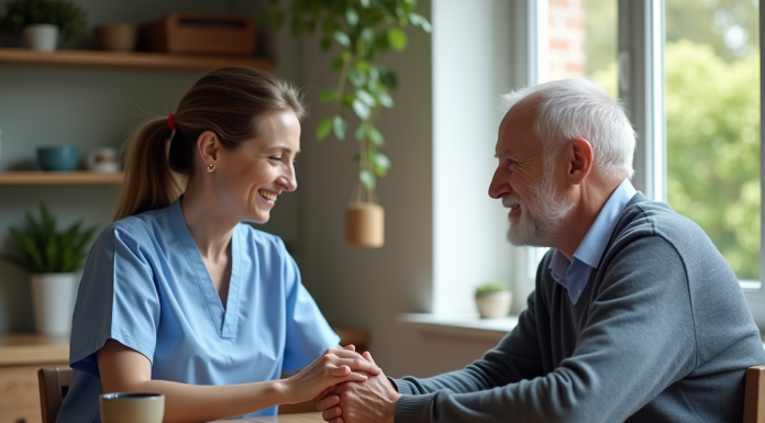 Aide-soignante aidant un senior dans une maison chaleureuse