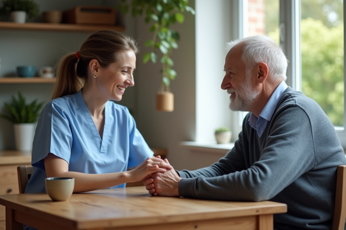 aide-soignante-senior-maison Aide-soignante aidant un senior dans une maison chaleureuse