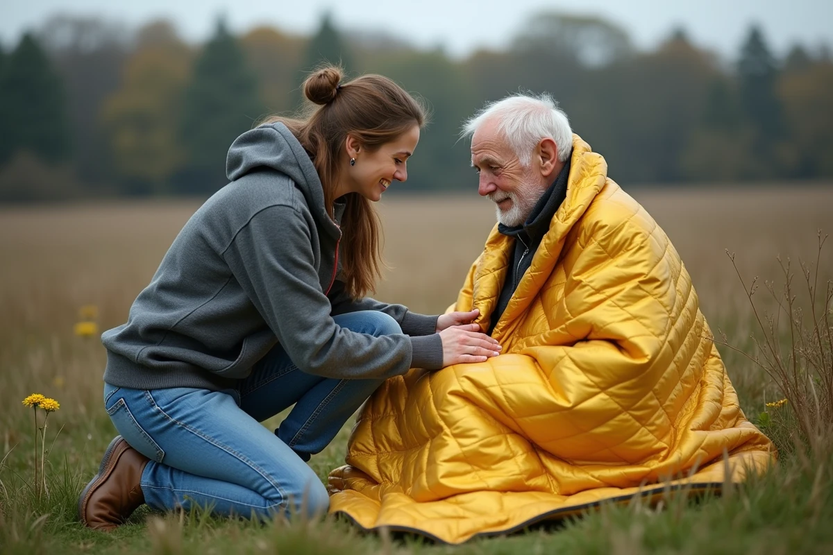 Femme aidant un homme avec couverture de survie dans un champ