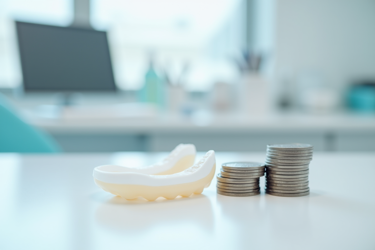 Aligner dentaire et pièces de monnaie sur un plan blanc