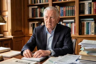 Portrait d'un analyste politique âgé assis à son bureau, entouré de livres et de journaux dans un bureau parisien classique