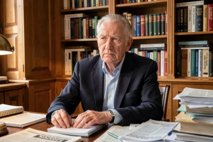 Portrait d'un analyste politique âgé assis à son bureau, entouré de livres et de journaux dans un bureau parisien classique
