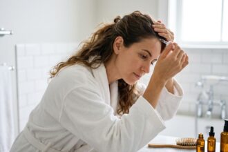 Femme appliquant un sérum capillaire anti-chute sur le cuir chevelu dans une salle de bain moderne