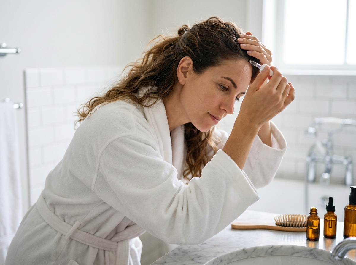 Femme appliquant un sérum capillaire anti-chute sur le cuir chevelu dans une salle de bain moderne