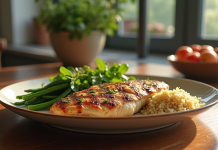 Assiette de poulet grillé avec légumes verts et quinoa