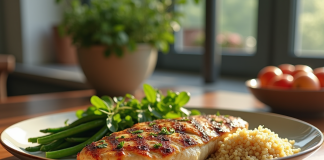 Assiette de poulet grillé avec légumes verts et quinoa