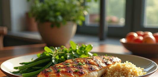 Quelle protéine privilégier le soir pour mieux perdre du poids Assiette de poulet grillé avec légumes verts et quinoa