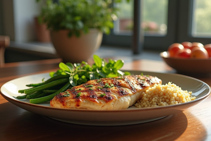 Assiette de poulet grillé avec légumes verts et quinoa