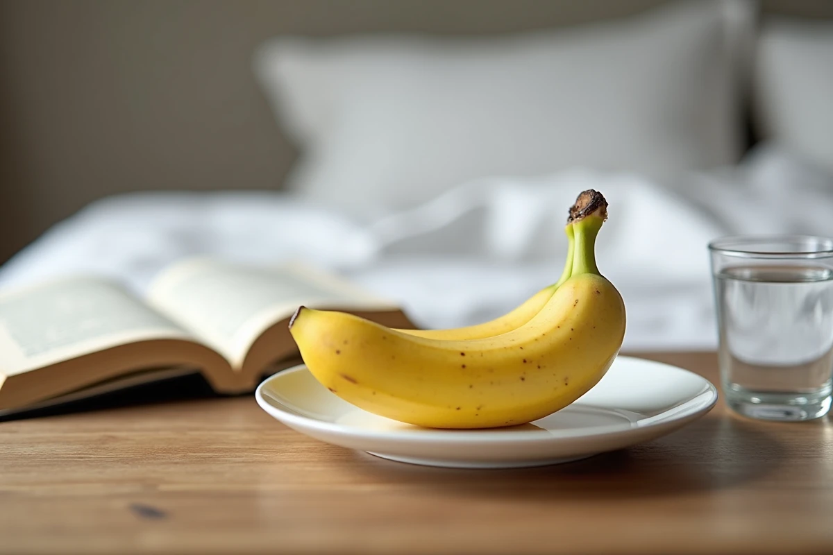 Banane sur table de chevet dans une chambre à coucher, collation soir légère et saine