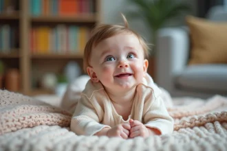 Bebe fille en body pastel sur une couverture en tricot dans un salon cosy