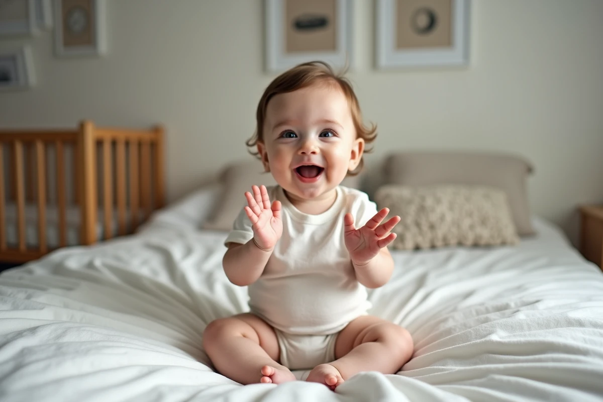 Bebe garcon assis dans un lit avec linge plié en train de sourire et applaudir
