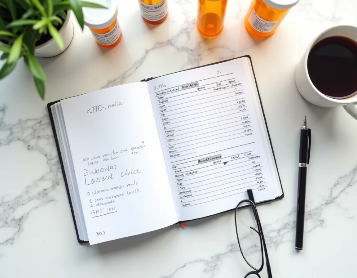 Vue de dessus d'un carnet médical, de résultats de bilan GGT et de médicaments sur ordonnance posés sur une surface en marbre blanc
