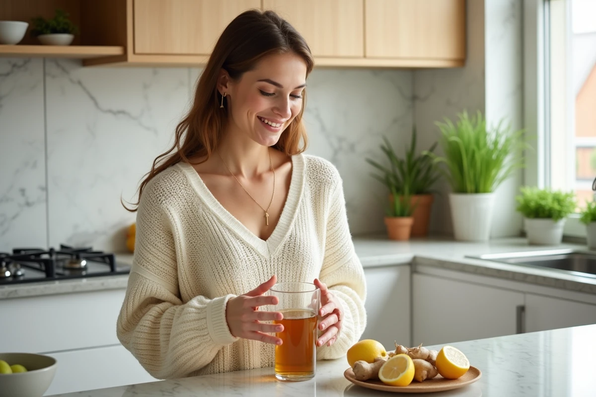 Femme préparant une boisson détox naturelle pour soutenir la purge intestinale à domicile