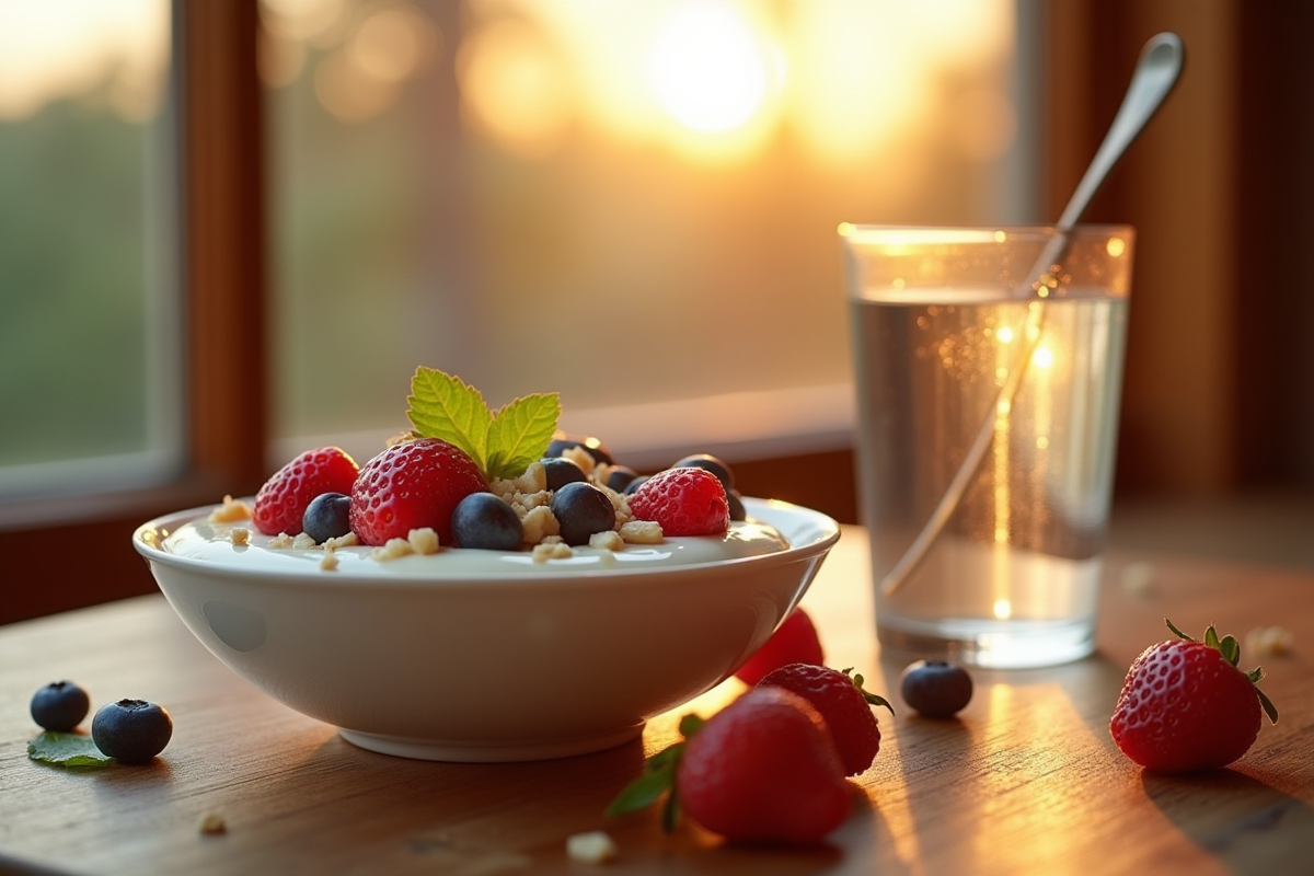 Bol de yogourt grec avec fruits rouges et noix