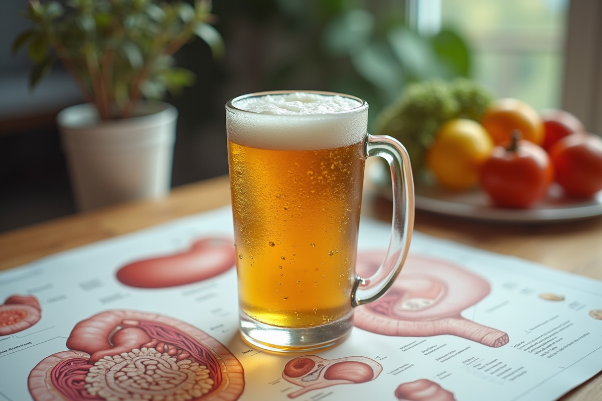 Bouteille de bière glutenfree froide avec illustrations du systeme digestif