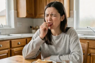 Jeune femme grimacant légèrement en touchant son palais avec la langue après s'être brûlée en mangeant, assise dans une cuisine moderne
