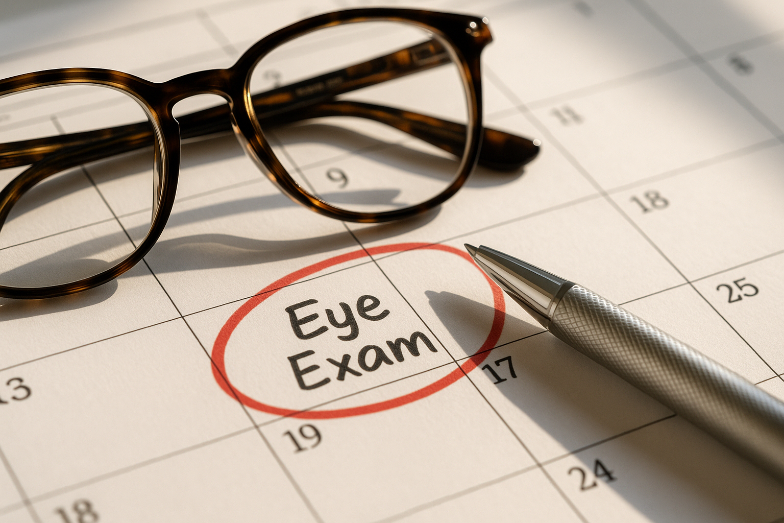 Calendrier avec examen de vue entouré de lunettes et stylo
