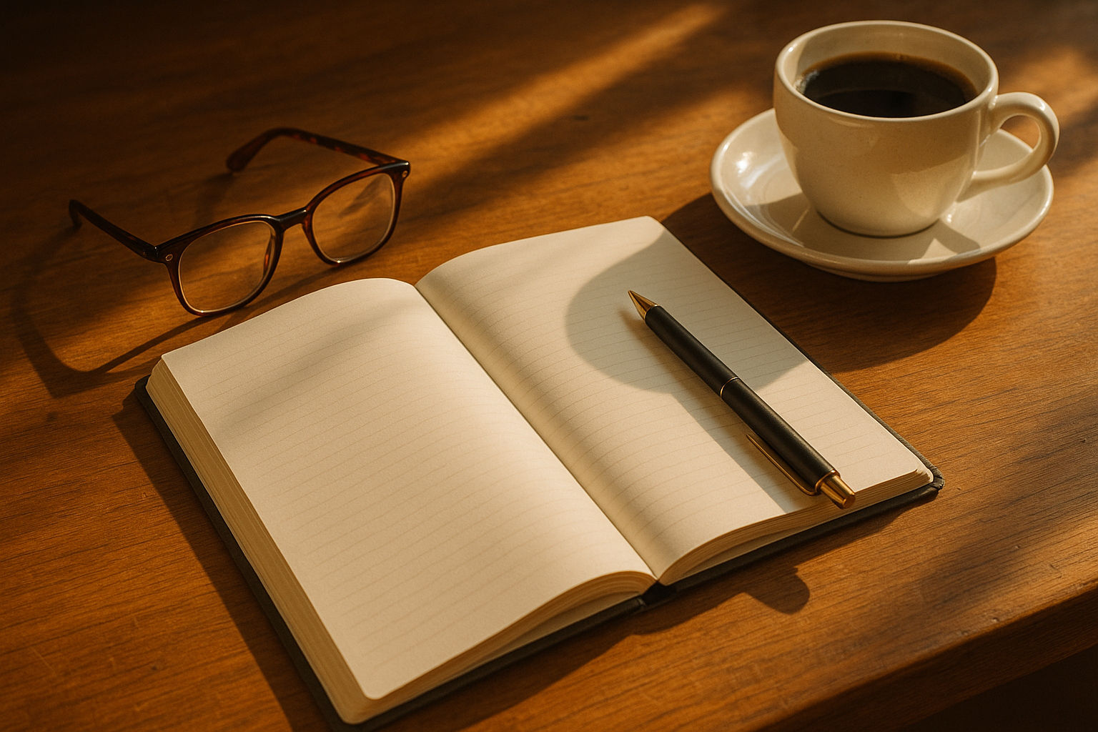 Carnet ouvert avec lunettes et café sur une table en bois ensoleillée