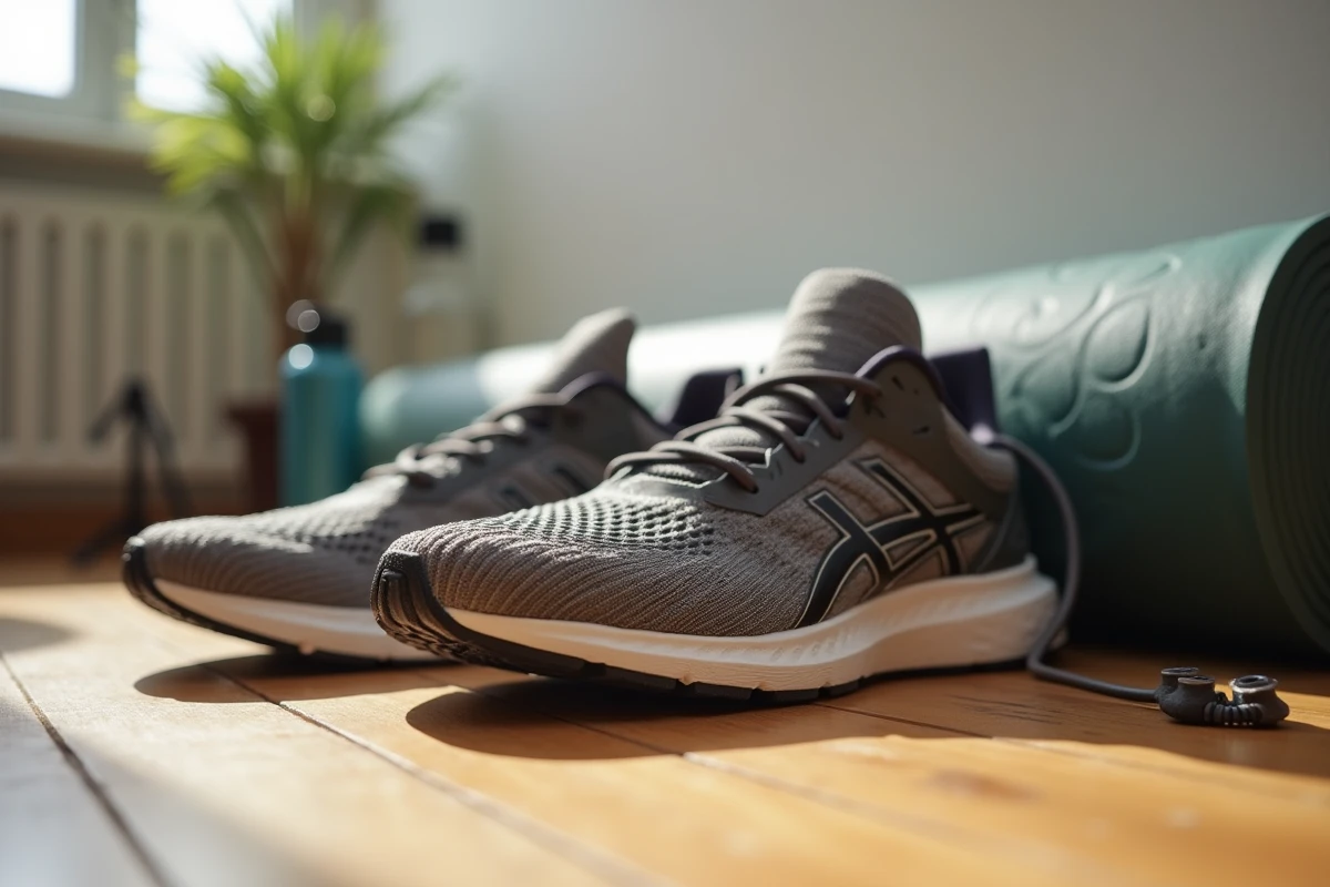 Chaussures de running usées et accessoires de sport au sol, symbolisant une pause sportive due à une talalgie du talon