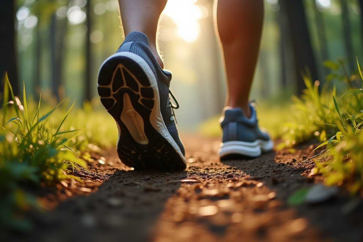 Chaussures de sport sur un sentier forestier au matin