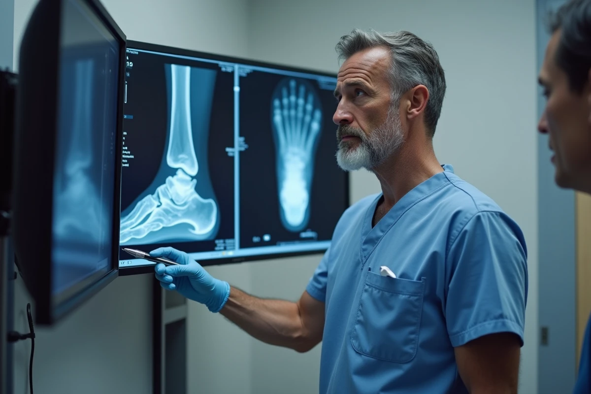 Chirurgien orthopédiste analysant une radiographie de talon montrant une épine calcanéenne avec son patient