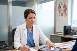 Chirurgienne plasticienne examinant des documents médicaux lors d'une consultation sur l'intervention BBL