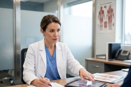 Chirurgienne plasticienne examinant des documents médicaux lors d'une consultation sur l'intervention BBL