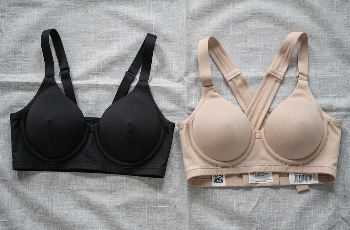 Vue aérienne comparative de deux soutiens-gorge posés sur lin gris, soutien-gorge classique noir et soutien-gorge Percko beige de maintien posture