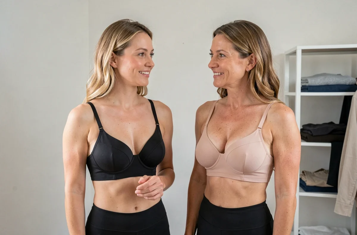 Comparaison de deux soutiens-gorge de maintien portés par deux femmes dans une cabine d'essayage, soutien-gorge classique versus soutien-gorge correcteur de posture