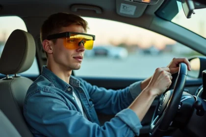 Jeune conducteur novice portant des lunettes de simulation d'alcool au volant lors d'une séance pédagogique