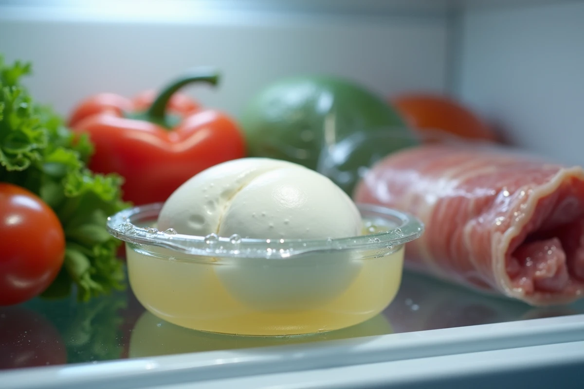 Mozzarella di bufala mal conservée dans un réfrigérateur à côté de charcuterie, illustrant les erreurs de stockage alimentaire à risque pendant la grossesse