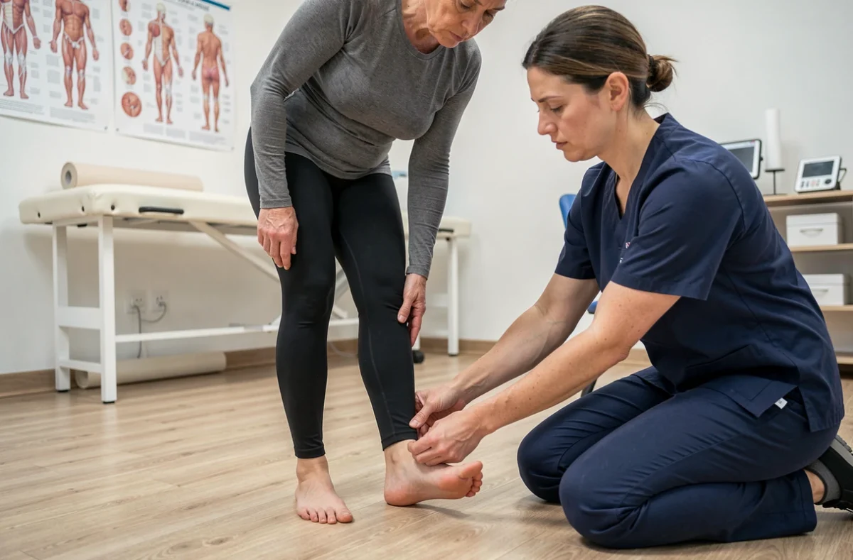 Patiente en cabinet de kinésithérapie se faisant examiner le talon par un professionnel de santé, dans le contexte d'un diagnostic de bursite rétro-calcanéenne ou du tendon d'Achille