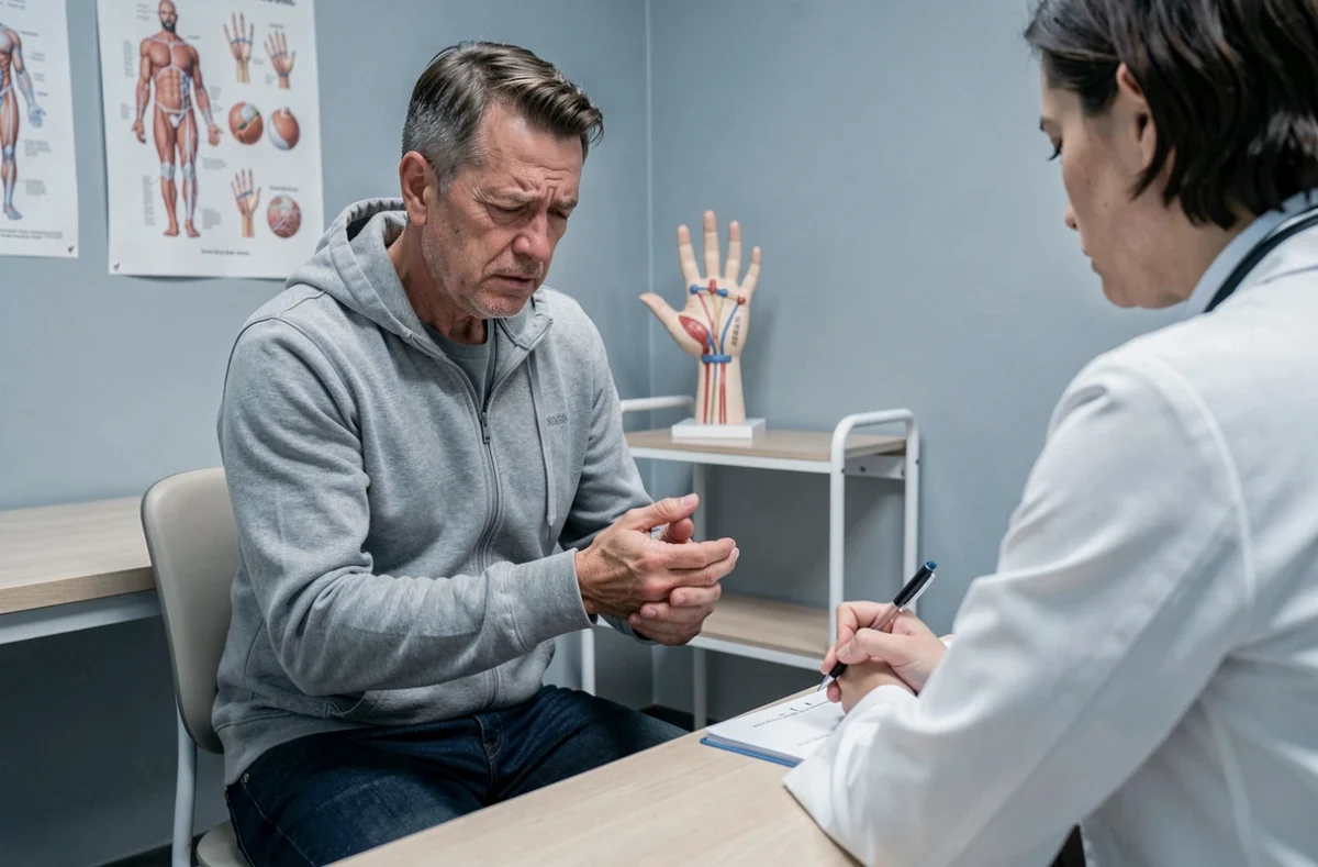 Patient souffrant d'algodystrophie au poignet lors d'une consultation médicale pour évaluation du taux d'invalidité
