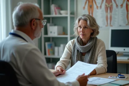 Consultation entre une femme et un hematologue dans un cabinet