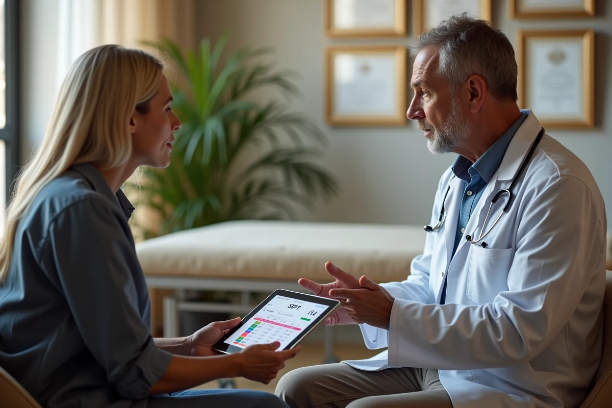 Patient et médecin consultant ensemble les résultats d'un bilan hépatique avec taux de transaminases SGPT sur tablette numérique