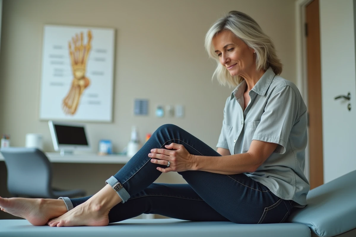 Femme d'âge mûr examinant son talon douloureux lors d'une consultation orthopédique pour épine calcanéenne