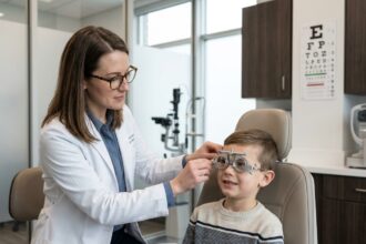 Opticienne effectuant un contrôle de la vue sur un enfant dans un cabinet d'optométrie moderne