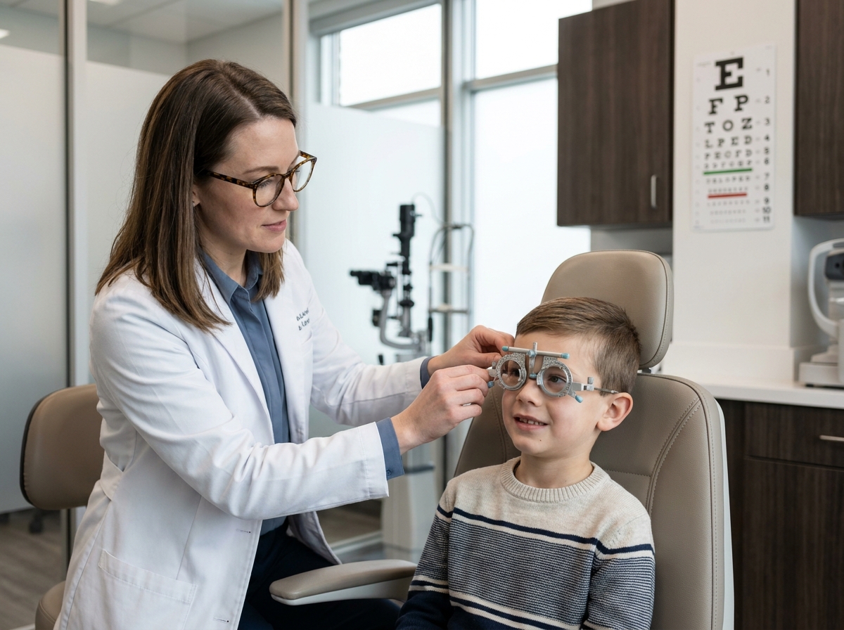Opticienne effectuant un contrôle de la vue sur un enfant dans un cabinet d'optométrie moderne