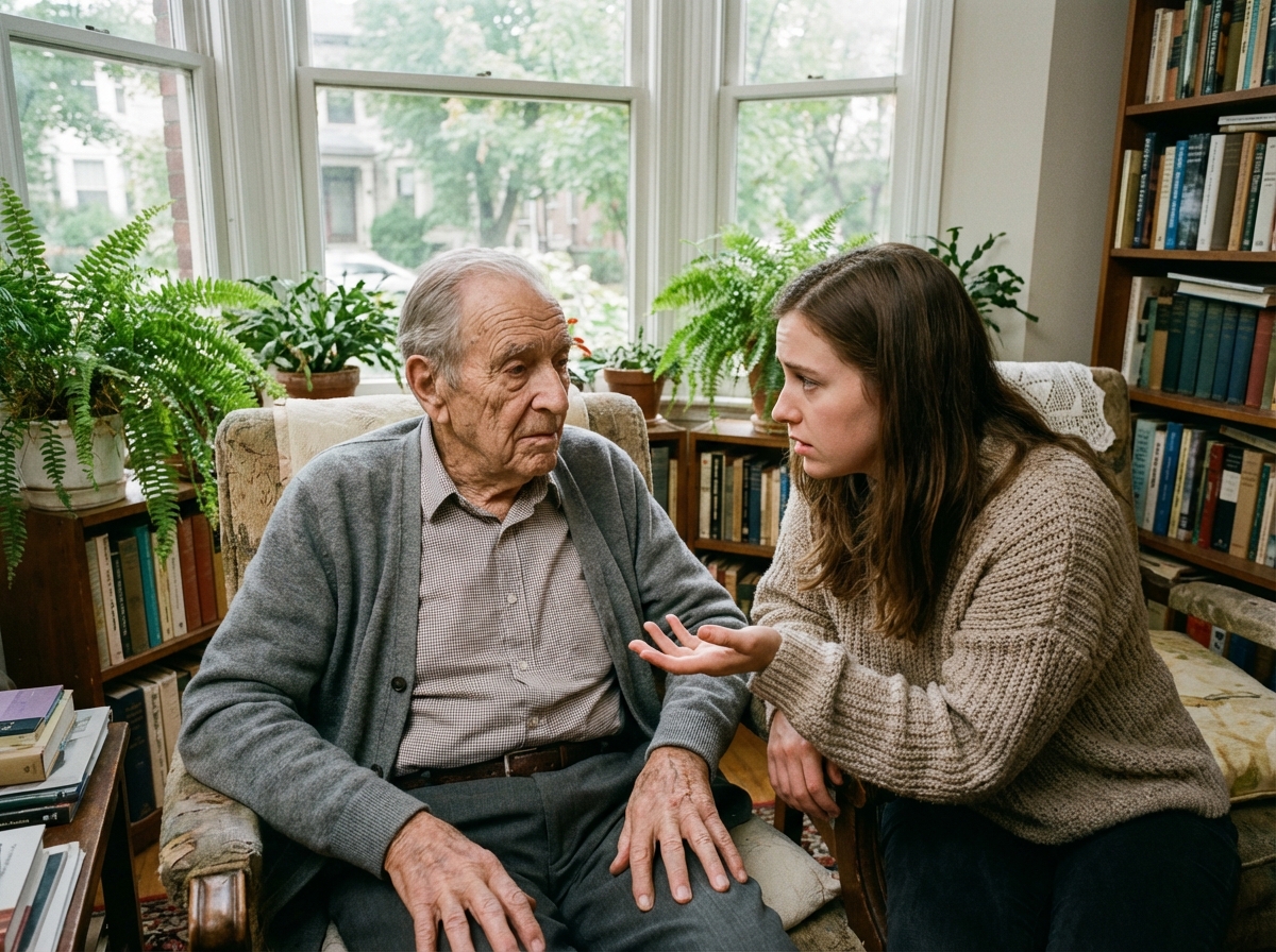 Homme âgé en conversation avec sa fille dans le salon